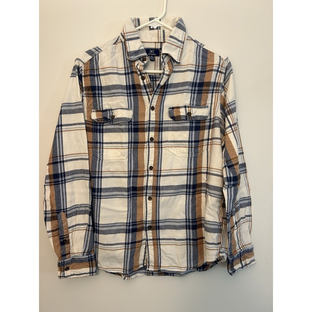 GEORGE Blue Plaid Flannel Shirt Long Sleeve Button-Up Cotton Blend Mens M